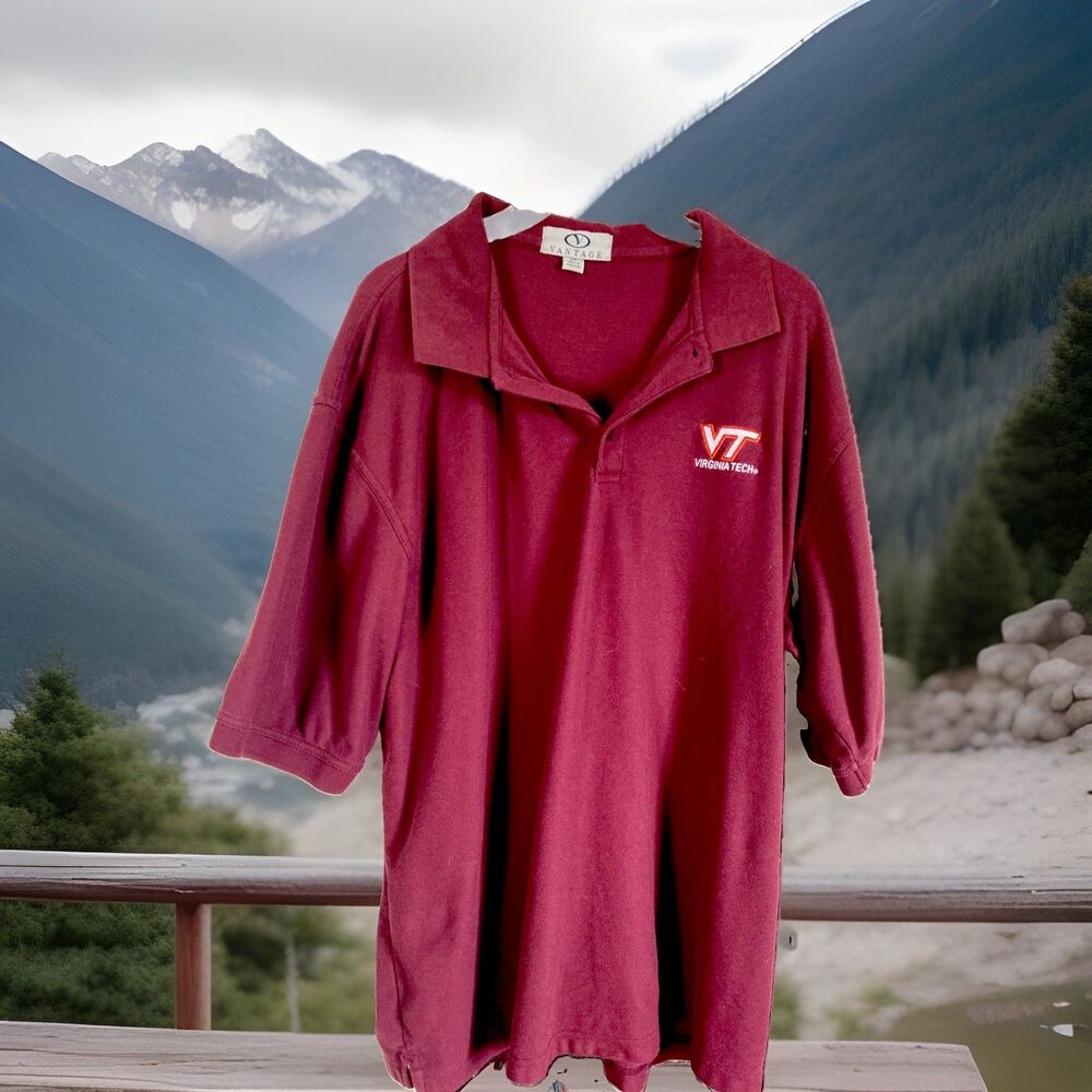 Virginia Tech VT Men’s 2X Polo Maroon & Orange Logo Vantage Good Condition